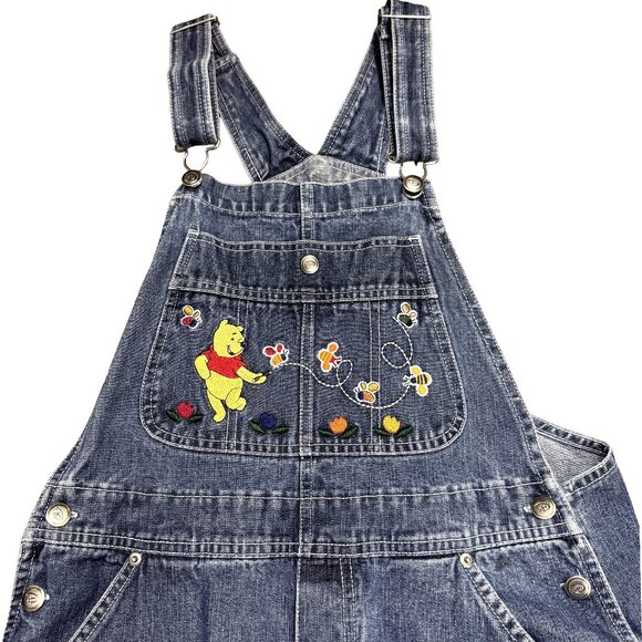 Vintage Disney Winnie Pooh Chasing Bumblebee’s Overalls Womens M Denim Jean Bib - Picture 1 of 14